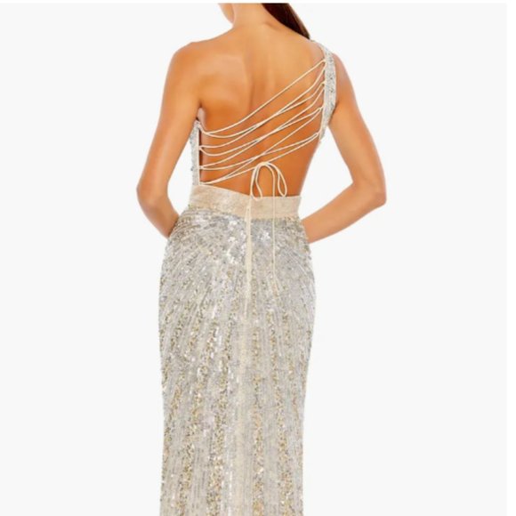 MAC DUGGAL ONE SHOULDER SEQIN BEADED LACE UP BACK NUDE SILVER GOWN sz 4 - Picture 5 of 6